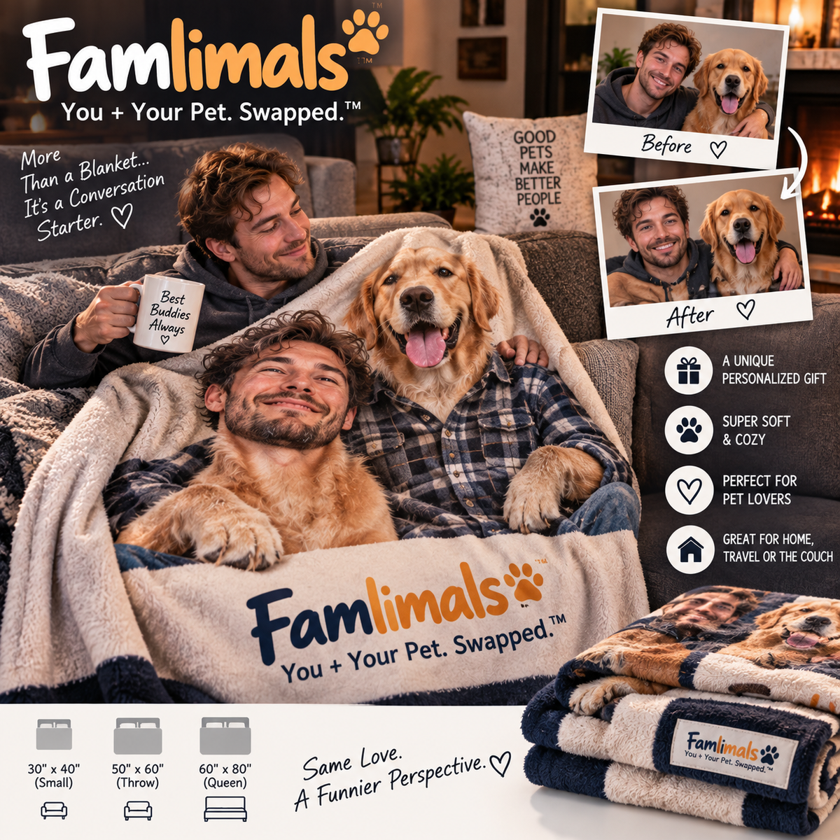 Custom Famlimals Blanket – You + Your Pet. Swapped.